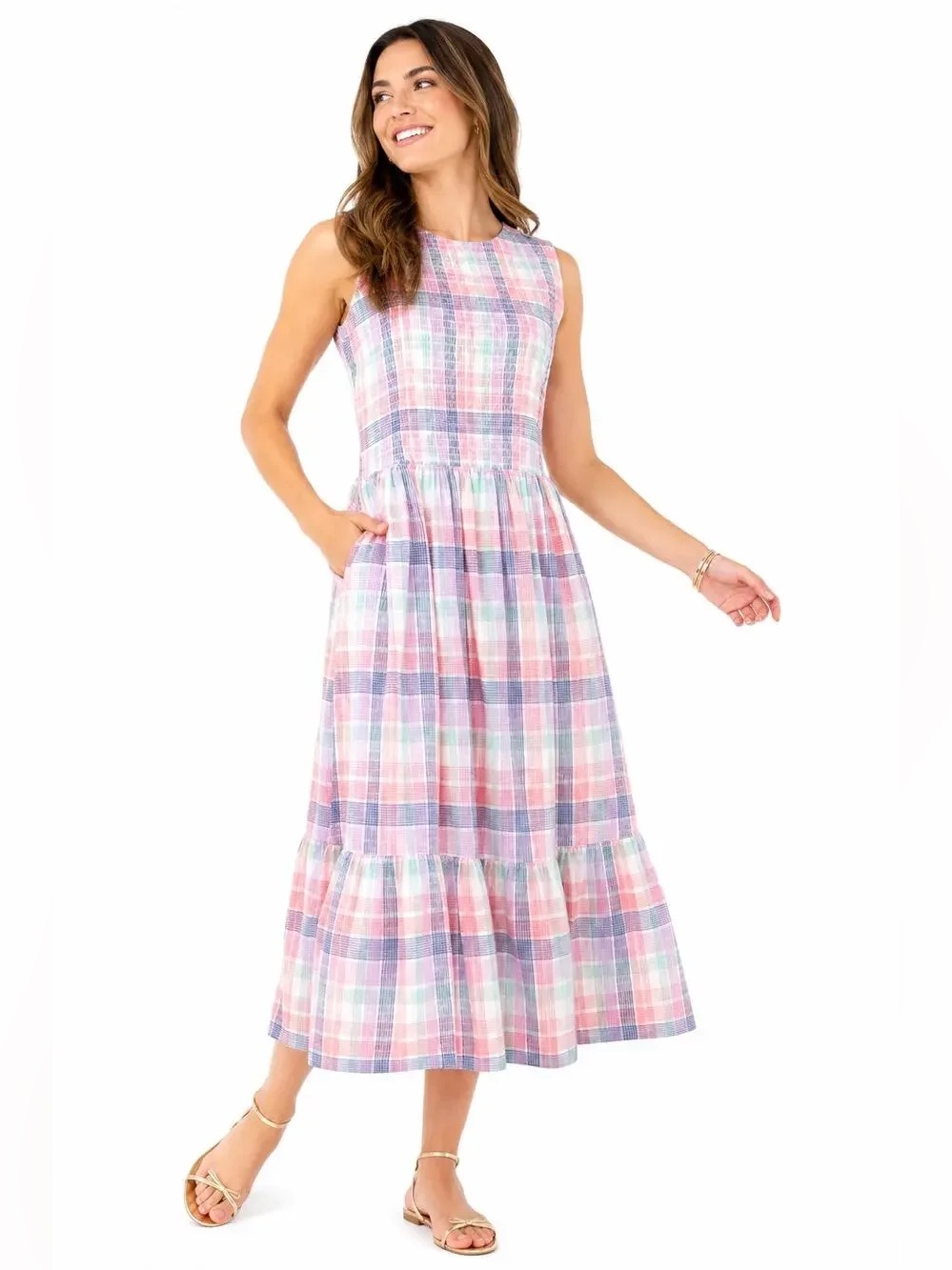 J.Crew Pastel Plaid Smocked Midi Sleeveless Dress
